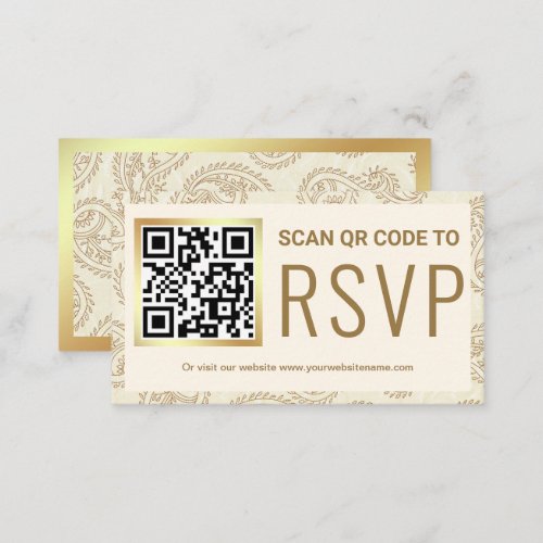 Cream Gold Paisley QR Code RSVP Wedding Website Enclosure Card