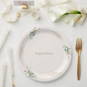 Cream & Gold Personalized Foliage Wedding Paper Plates
