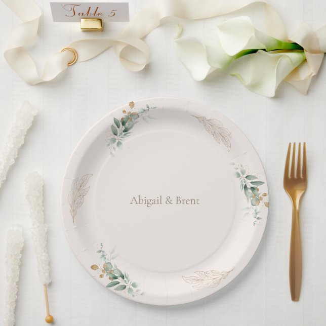Cream & Gold Personalized Foliage Wedding Paper Plates (Wedding)