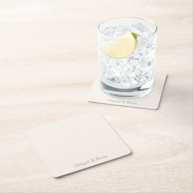Cream & Gold Personalized Simple Wedding Square Paper Coaster (Insitu)