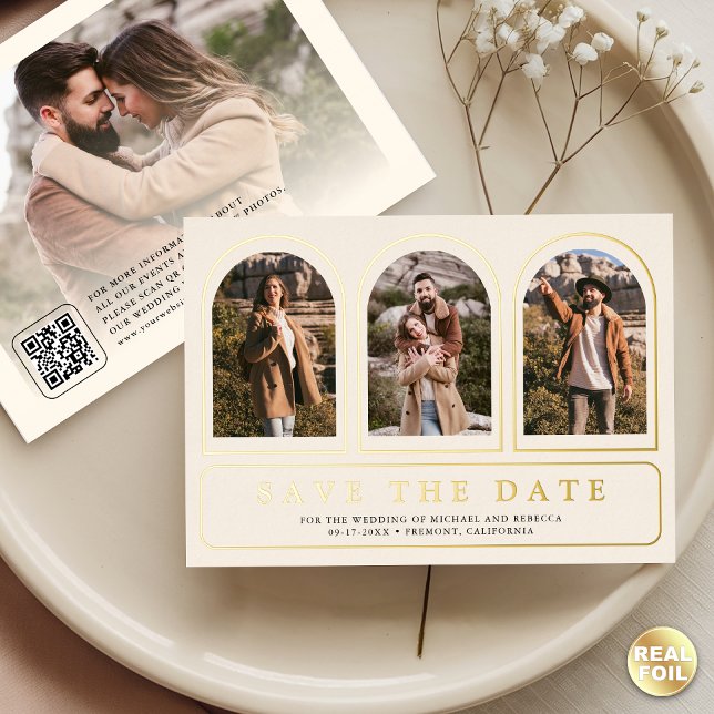 Cream Gold Photo QR Code Wedding Save the Date Foil Invitation (Creator Uploaded)