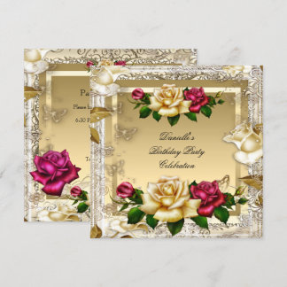 Cream Gold Pink Red Roses Elegant Birthday Party Invitation