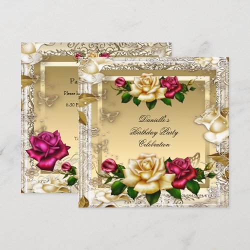 Cream Gold Pink Red Roses Elegant Birthday Party Personalized Announcement