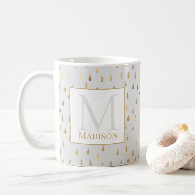 Cream Gold Raindrop Modern Trendy Monogram Coffee Mug (With Donut)