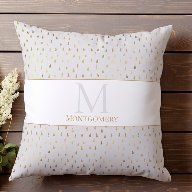 Cream Gold Raindrop Modern Trendy Monogram Throw Pillow (Creator Uploaded)