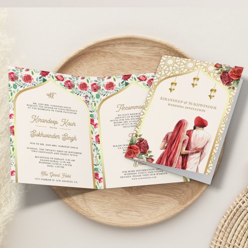 Cream Gold Red Roses All in One Sikh Wedding Invitation