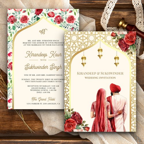 Cream Gold Red Roses Anand Karaj Sikh Wedding Invitation
