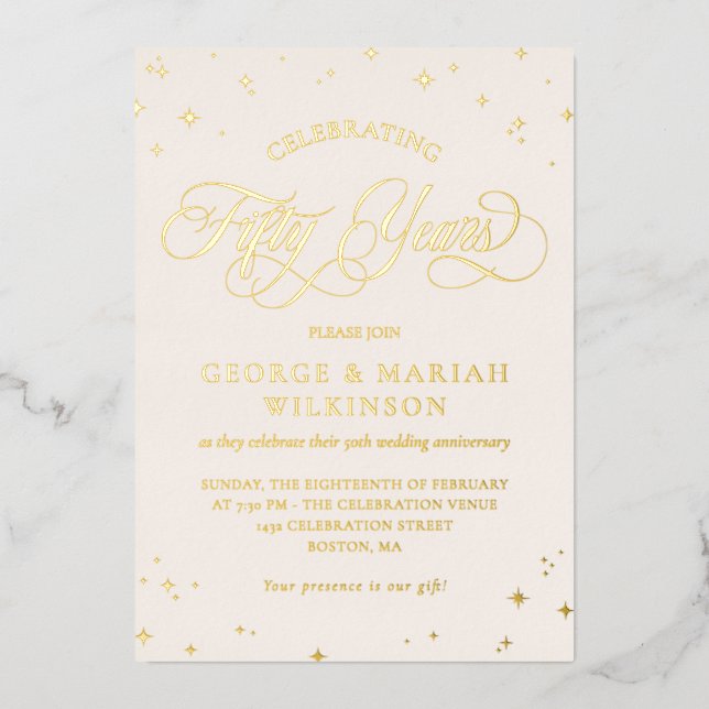 Cream Gold Stars 50th Wedding Anniversary  Foil Invitation (Front)