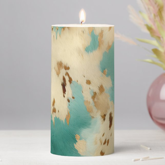 Cream Gold Turquoise Cowhide Animal  Pillar Candle (In Situ)