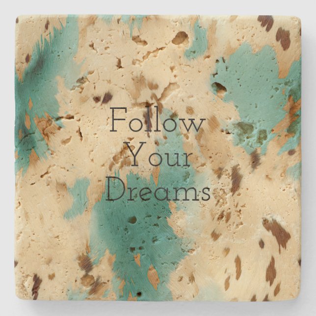 Cream Gold Turquoise Cowhide Animal  Stone Coaster (Front)