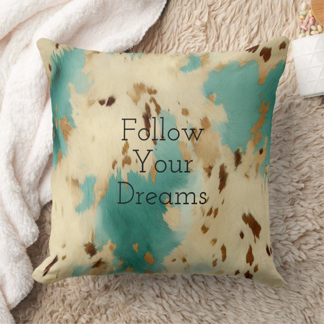 Cream Gold Turquoise Cowhide Animal  Throw Pillow (Blanket)