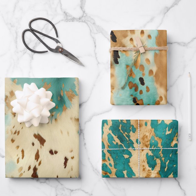 Cream Gold Turquoise Cowhide Animal  Wrapping Paper Sheets (Front)