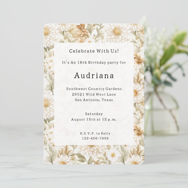 Cream Gold White Country Flowers Invitation (Standing Front)