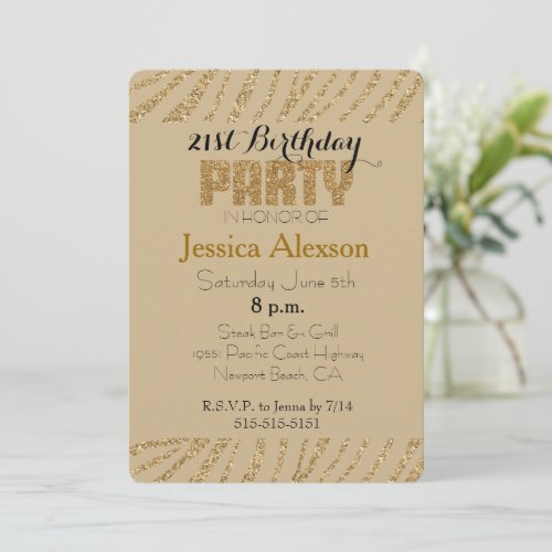 Cream Gold Zebra Print Faux Glitter 21st Birthday Invitation