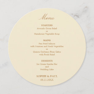 Cream Golden Beige Round Wedding Menu