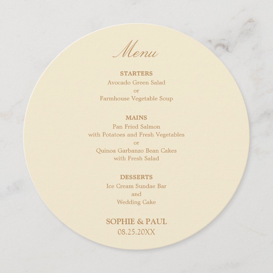 Cream Golden Beige Round Wedding Menu
