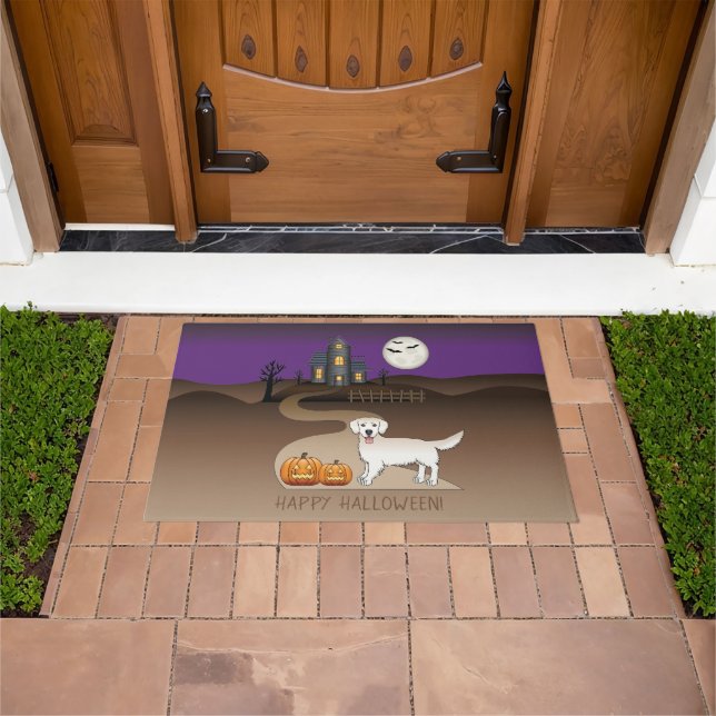 Cream Golden Retriever And Halloween Haunted House Doormat (Outdoor)