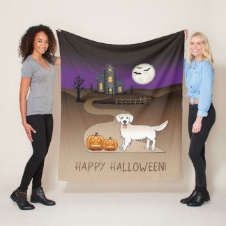 Cream Golden Retriever And Halloween Haunted House Fleece Blanket