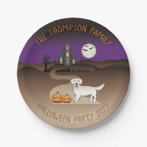 Cream Golden Retriever And Halloween Haunted House Paper Plates