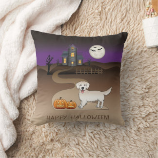 Cream Golden Retriever And Halloween Haunted House Throw Pillow