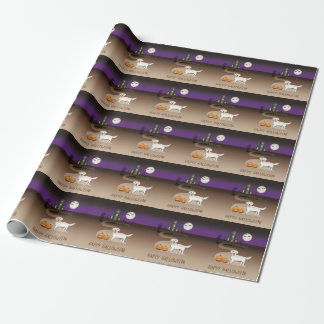 Cream Golden Retriever And Halloween Haunted House Wrapping Paper