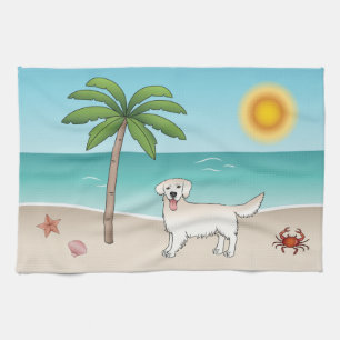 Cream Golden Retriever At A Tropical Summer Beach Kitchen Towel