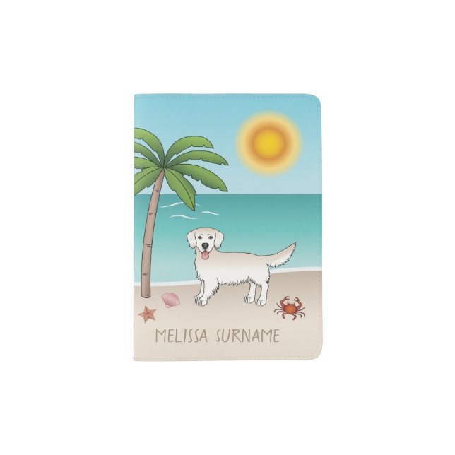 Cream Golden Retriever At A Tropical Summer Beach Passport Holder (Front)