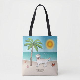 Cream Golden Retriever At A Tropical Summer Beach Tote Bag