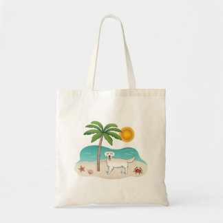 Cream Golden Retriever At A Tropical Summer Beach Tote Bag