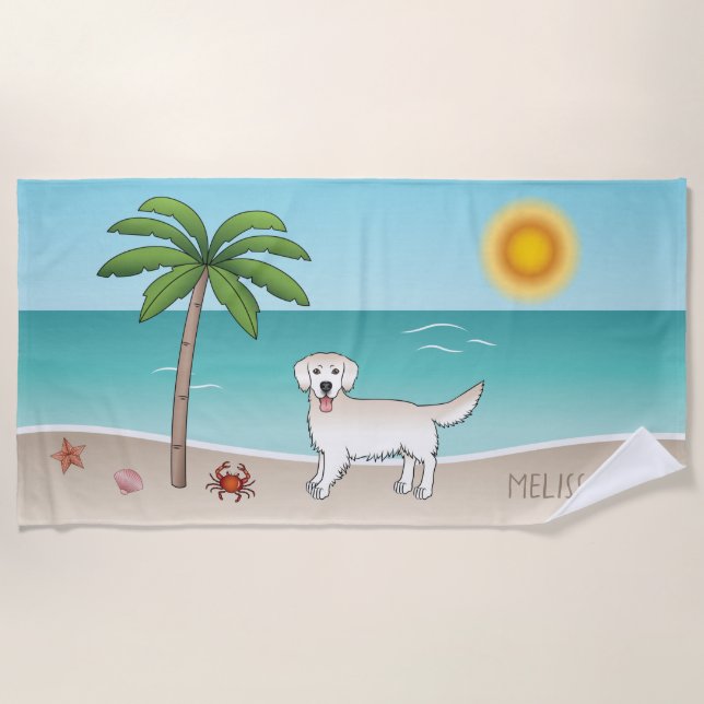 Cream Golden Retriever At A Tropical Summer Beach Towel (Front)