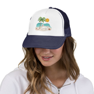 Cream Golden Retriever At A Tropical Summer Beach Trucker Hat
