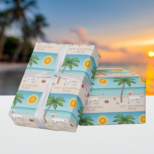 Cream Golden Retriever At A Tropical Summer Beach Wrapping Paper (Creator Uploaded)