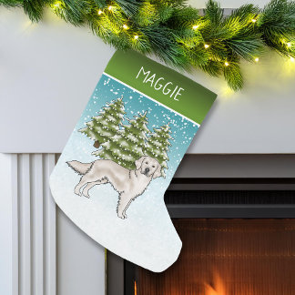 Cream Golden Retriever Blue Christmas Custom Name Small Christmas Stocking