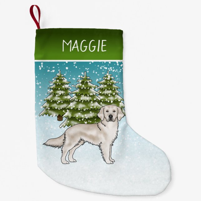 Cream Golden Retriever Blue Christmas Custom Name Small Christmas Stocking (Front)
