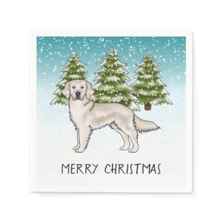 Cream Golden Retriever Blue Winter Christmas Napkins