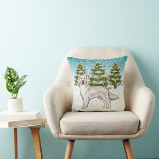 Cream Golden Retriever Blue Winter Christmas Throw Pillow