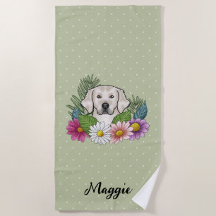Cream Golden Retriever Colorful Flowers And Name Beach Towel