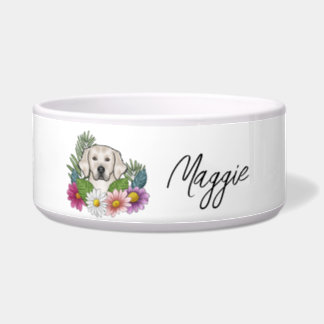 Cream Golden Retriever Colorful Flowers And Name Bowl