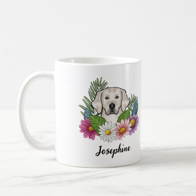 Cream Golden Retriever Colorful Flowers And Name Coffee Mug (Left)