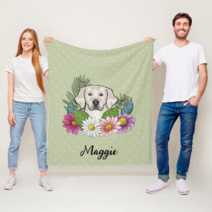 Cream Golden Retriever Colorful Flowers And Name Fleece Blanket