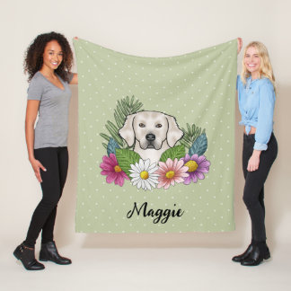 Cream Golden Retriever Colorful Flowers And Name Fleece Blanket