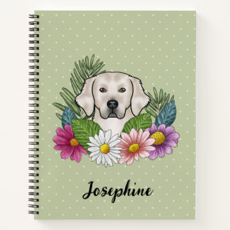 Cream Golden Retriever Colorful Flowers And Name Notebook