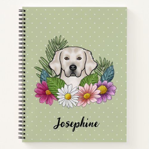 Cream Golden Retriever Colorful Flowers And Name Notebook