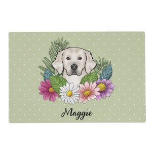 Cream Golden Retriever Colorful Flowers And Name Placemat