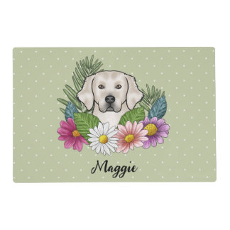 Cream Golden Retriever Colorful Flowers And Name Placemat