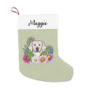 Cream Golden Retriever Colorful Flowers And Name Small Christmas Stocking