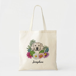 Cream Golden Retriever Colorful Flowers And Name Tote Bag