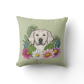 Cream Golden Retriever Colorful Flowers Green Throw Pillow