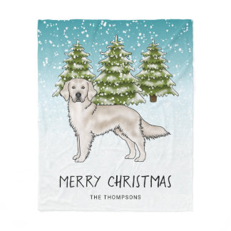 Cream Golden Retriever Dog Blue Snowy Christmas Fleece Blanket