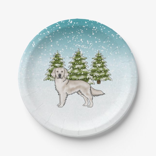 Cream Golden Retriever Dog Blue Winter Christmas Paper Plates (Front)